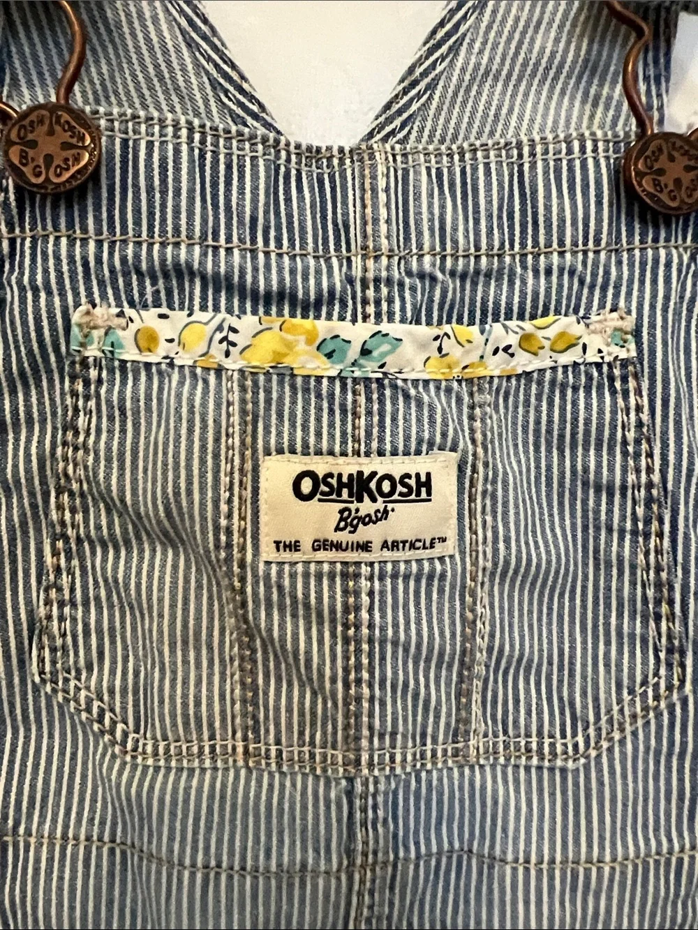 OshKosh B'gosh Blue and White Pinstripe Short Overalls with Yellow Floral Trim